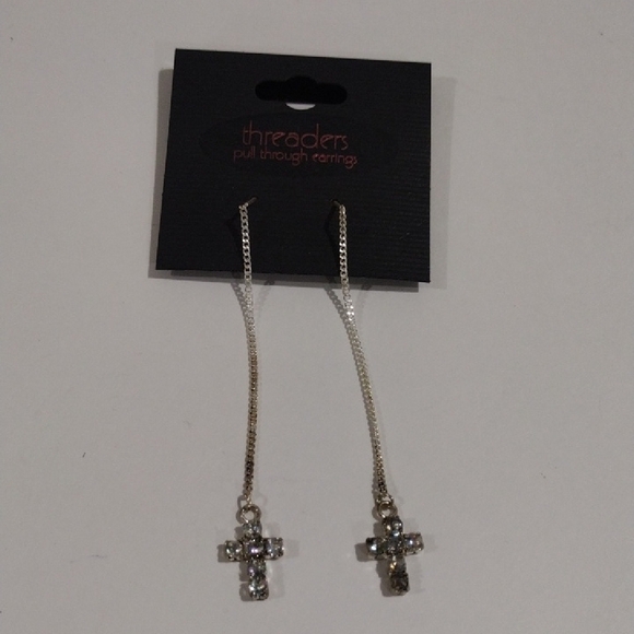 Threaders Silver tone Cross Pull Through 3-in Earrings - Women's Fashion Jewelry - Picture 1 of 7